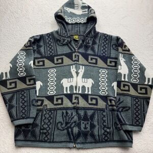 Ruminahui Wool Llama Zip Up Hoodie Sweater Grey Black Geometric Otavalo Ecuador